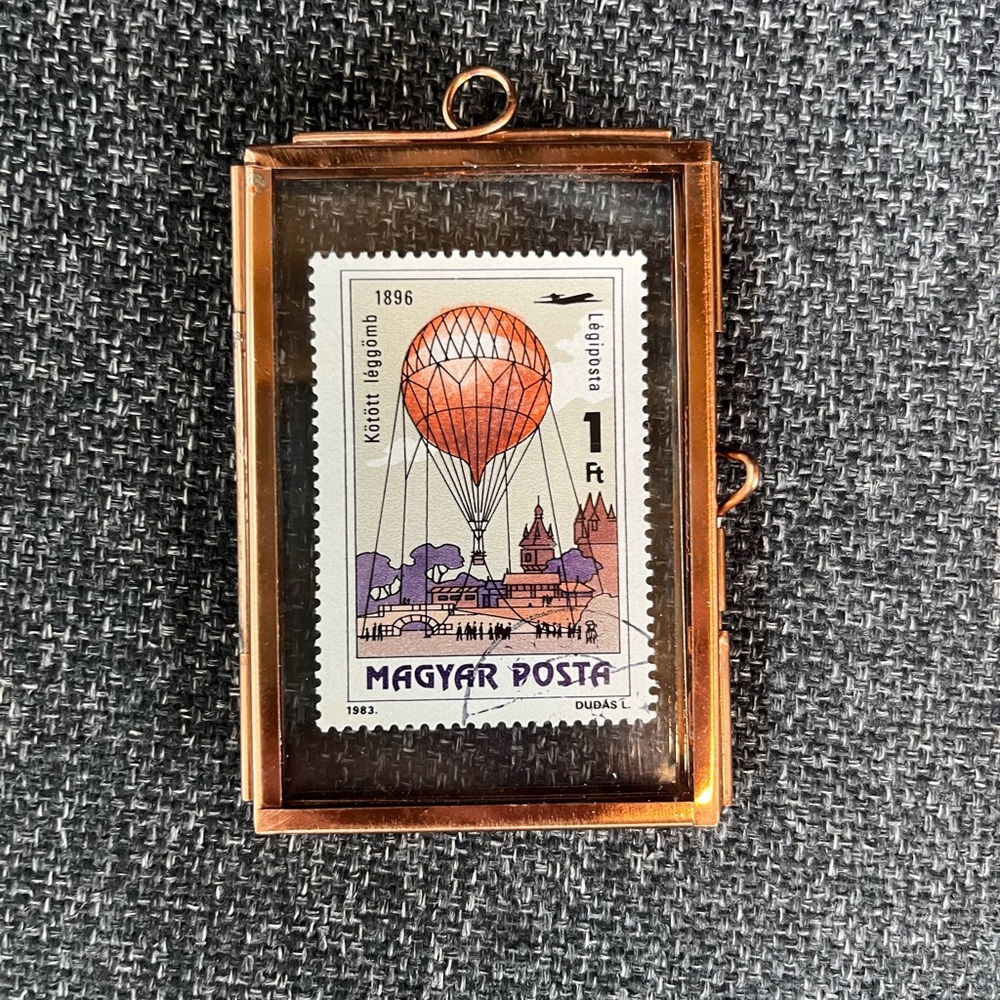 Copper Frame with Vintage Postage Stamp Art Hot Air Balloon